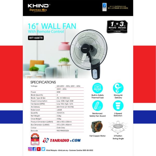 Khind Wall Fan With Remote Control WF16JR Kipas Dinding 1688TR - Image 3